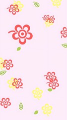 Pastel Floral Pattern: Pink Background with Red & Yellow Stylized Flowers