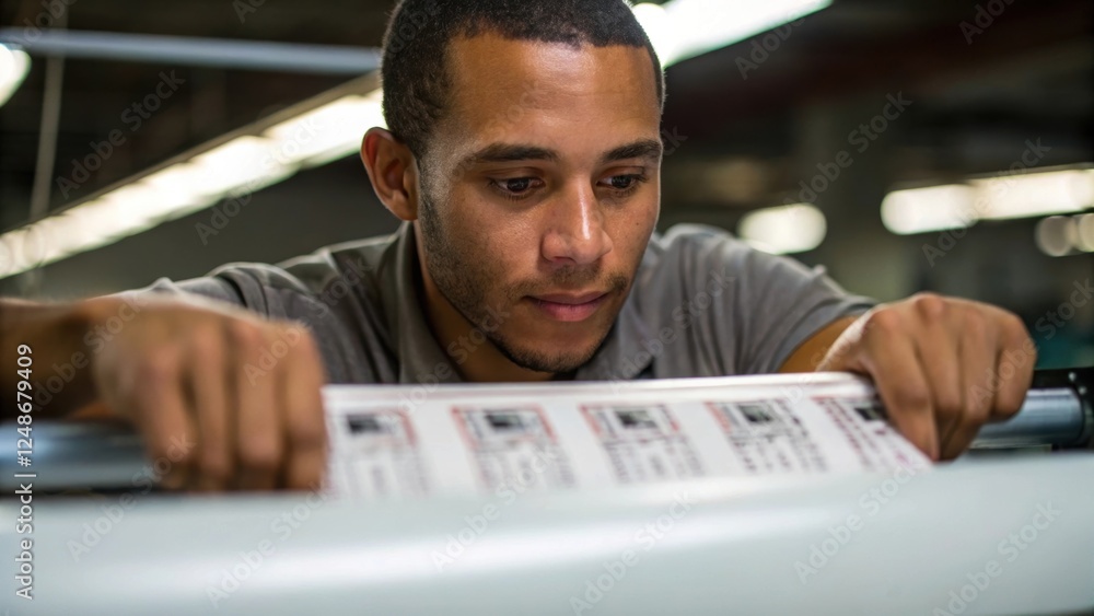 Poster A closeup shot of the operators face reflecting determination illuminated by the soft glow of overhead lights while their hands deftly maneuver a printed label ready for
