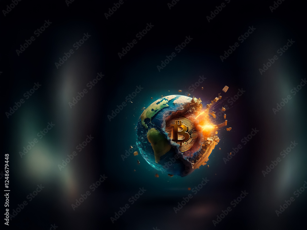 Poster A globe with a golden bitcoin symbol embedded on its surface appears to be fracturing and emitting a bright, orange glow, set against a dark, blurred background.