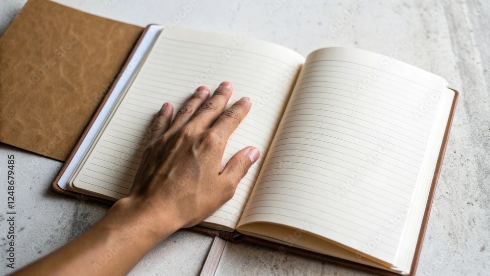 Poster A closeup showcasing a hand reaching for a notebook where callouses are evident against the smooth surface of the pages blending the tactile nature of work with creativity.