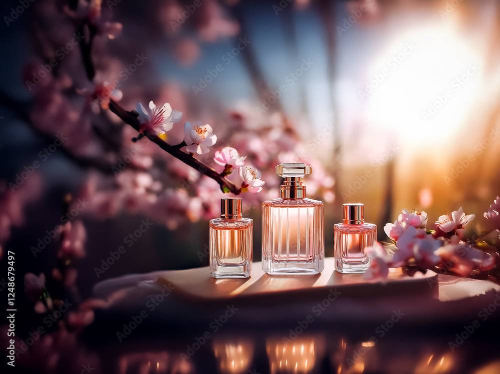 Aufkleber elegant perfume bottles displayed on a tray are adorned with delicate cherry blossoms. soft golden l