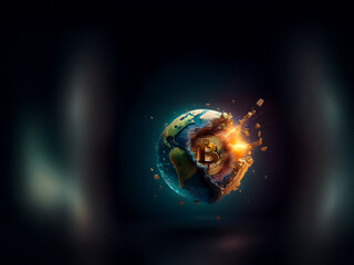 A globe with a golden bitcoin symbol embedded on its surface appears to be fracturing and emitting a bright, orange glow, set against a dark, blurred background.