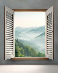 A Victorian style window with open wooden shutters, framing a breathtaking view of misty mountains with evergreen trees, painted in cool watercolor shades