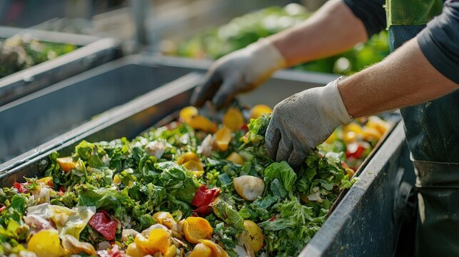 Gloved hands sort food waste in a bin, symbolizing sustainable waste management. Ideal for environmental and agricultural sectors promoting eco-friendly solutions.
