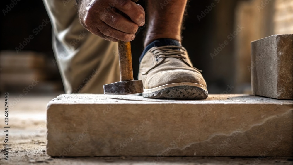 Poster A closeup shows the masons foot steadying a stone block while he chisels revealing the physicality of his work and the strong connection between man and material in the creation