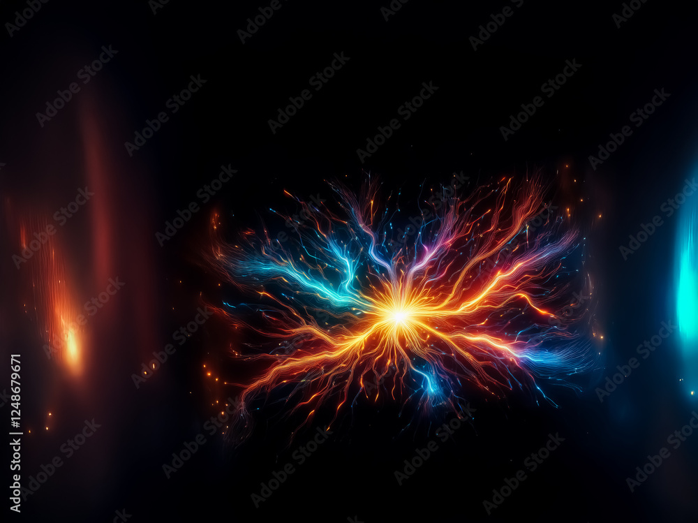 Poster vibrant energy bursts from a central point, radiating orange and blue light rays outwards against a 