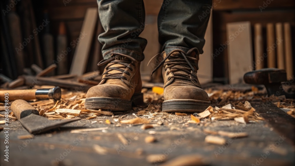 Poster A close view of the carpenters feet in sy work boots surrounded by tered bits of wood shavings and tools symbolizing a day spent honing his craft with unwavering resolve.