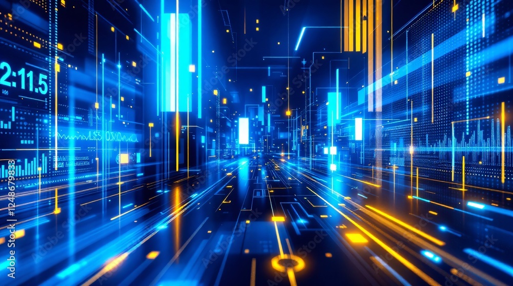 Poster digital technology speed motion blur with blue and yellow light trails. abstract futuristic data str