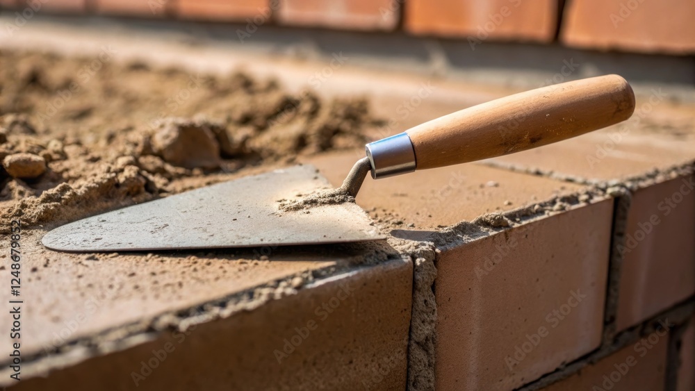 Leinwandbilder a detailed closeup capturing the bricklayers trowel as it glides across a sandy mortar mixture with 