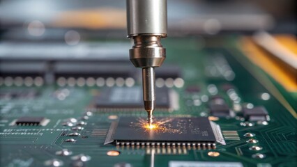 A closeup view of a soldering iron poised above a joint between a chip and a PCB with molten solder shimmering capturing the tension and precision required in the assembly process.
