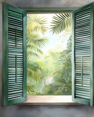 Fototapeta premium A view through an open window with green shutters, showing dense tropical jungle foliage, with exotic flowers, vines, and distant waterfalls, painted