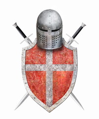  red shield helmet and two swords  on white
