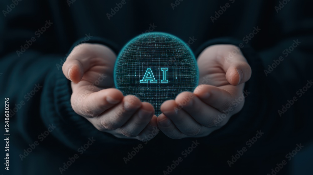 Poster Hands Holding Futuristic Holographic Sphere with AI Text in a Dark Atmosphere Perfect for Technology Concepts