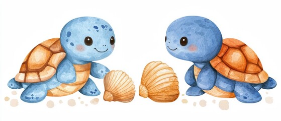 Cute Watercolor Turtles Playing with Shells in a Charming Border Design