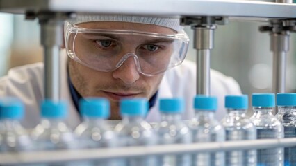 Fototapeta premium A focused shot of an operator wearing protective goggles observing a clear liquid as it flows through a filtration system highlighting the importance of safety in pharmaceutical