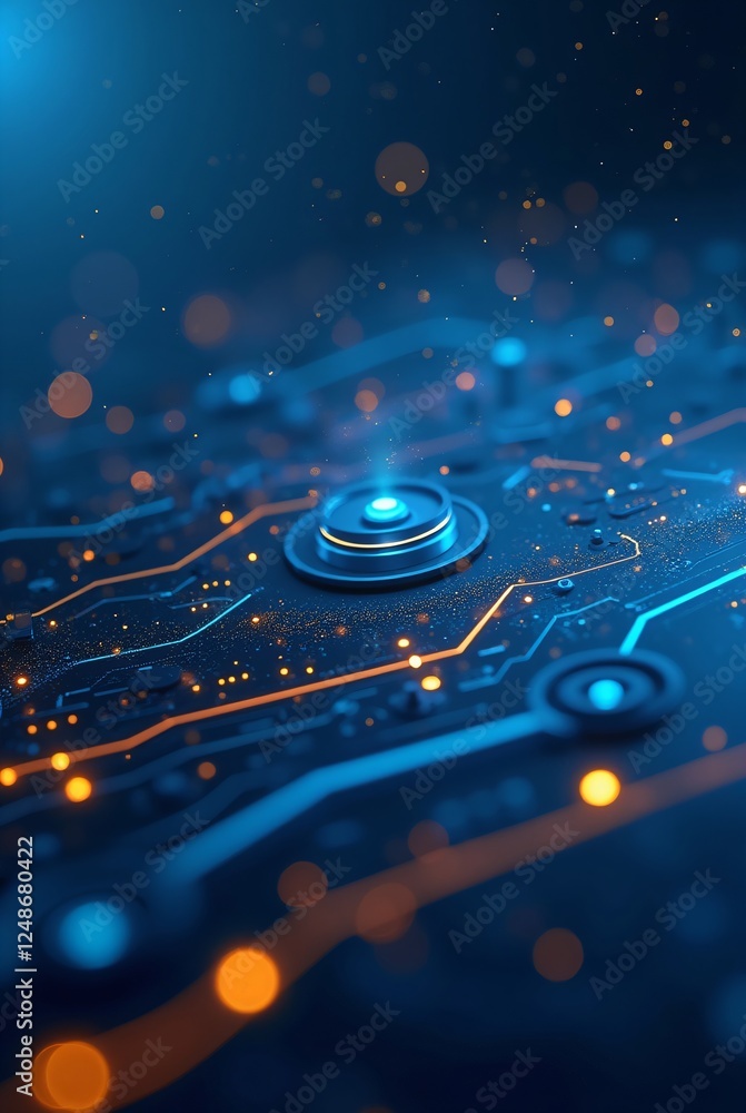 Poster digital technology circuit background with glowing orange and blue lights. abstract technology conce