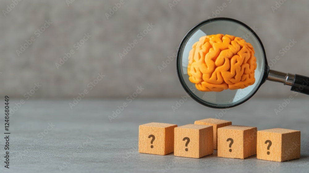 Poster conceptual visualization of cognitive thinking through magnifying glass focused on brain and questio