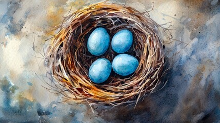 Obraz premium Watercolor Painting of a Bird's Nest with Four Blue Eggs: A Stunning Nature-Inspired Artwork