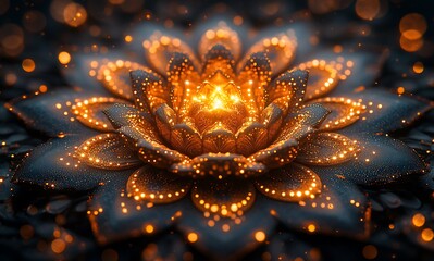 Glowing Lotus Flower Illuminated with Golden Lights Against a Dark Shimmering Background