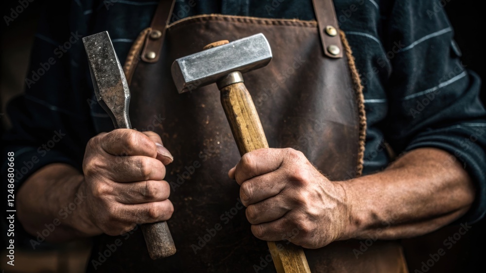 Aufkleber a medium closeup captures the masons hands expertly gripping the chisel and hammer co calluses visib