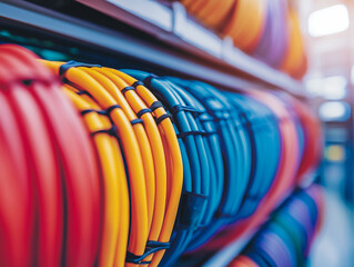 Colorful cables neatly organized on a shelf, ready for use in various applications.