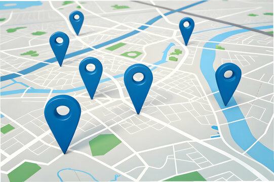 A digital map featuring multiple blue location pins marking various points of interest across a city layout.