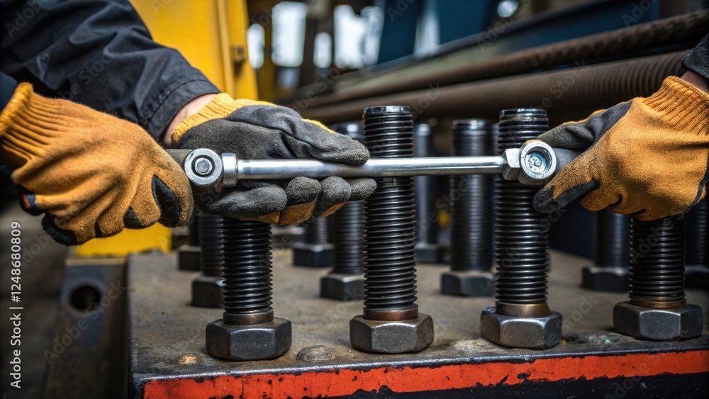 Poster a medium closeup captures the workers hands gloved and steady as they use a torque wrench to ensure 