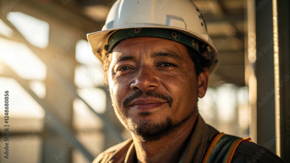 Poster a medium closeup capturing the finisher wearing a hard hat with sunlight casting gentle shadows acro