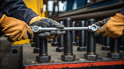 A medium closeup captures the workers hands gloved and steady as they use a torque wrench to ensure the bolts are secured embodying precision and care in a gritty industrial