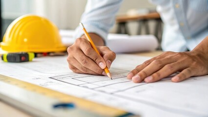 A medium closeup capturing the engineers fingers carefully tracing the lines of the blueprints surrounded by construction tools and equipment in the blurry background.