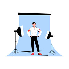 Male Model In Photography Studio In Flat Vector Illustration Symbolizing Fashion Photoshoot, Professional Modeling, And Studio Lighting, Isolated On White Background.