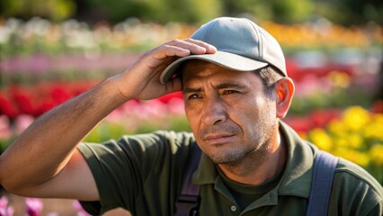 A medium closeup features the landscaper wiping sweat from his forehead the brim of his cap shielding his eyes. The rich colors of blooming flowers are faintly visible in the