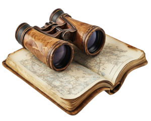 vintage set of binoculars resting on open map, perfect for outdoor exploration and adventure. Discover new places with this essential gear