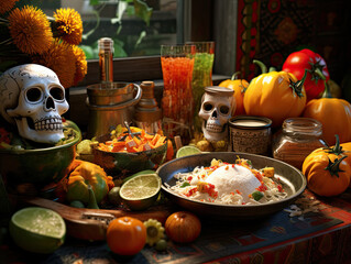 Day of the Dead still life with colorful food and skull