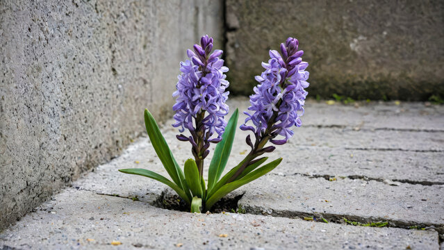 Hyacinth flower breaks through hard surface of asphalt, symbolizing strength and determination. Life persistently breaks out, making its way to light and opportunities. Close-up. Copy space for text