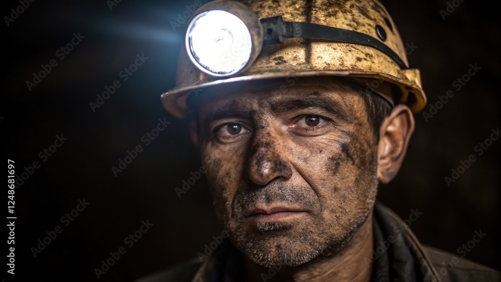 Poster a medium closeup highlighting the contours of the miners face where dirt settles into fine lines dis