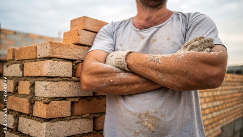 Poster a medium closeup highlighting the bricklayers forearms covered in dried mortar showcasing the physic