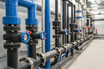 A network of industrial pipes featuring blue and black components, showcasing valves and fittings in a modern facility.