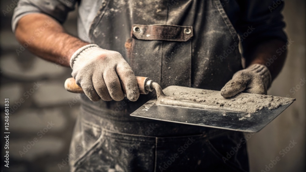Poster a medium closeup focusing on the finishers hands skillfully smeared with concrete dust as he holds a