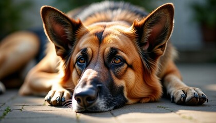 Obraz premium Sad german shepherd dog lying on the ground with a thoughtful expression 