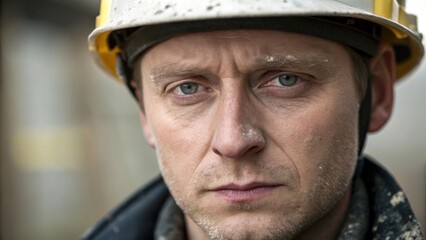 Fototapeta premium A medium closeup focusing on the operators forehead lightly speckled with concrete dust showing signs of fatigue but determination as they maintain a steady gaze towards the mixer