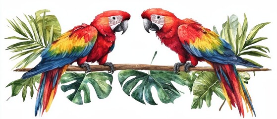 Obraz premium Cute Watercolor Parrots Surrounded by Tropical Leaves in a Decorative Frame Ideal for Colorful and Nature-themed Designs