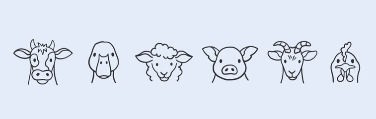 Farm animals like pork, hen, cow, sheep, goat and goose hand drawn vector outline icons.