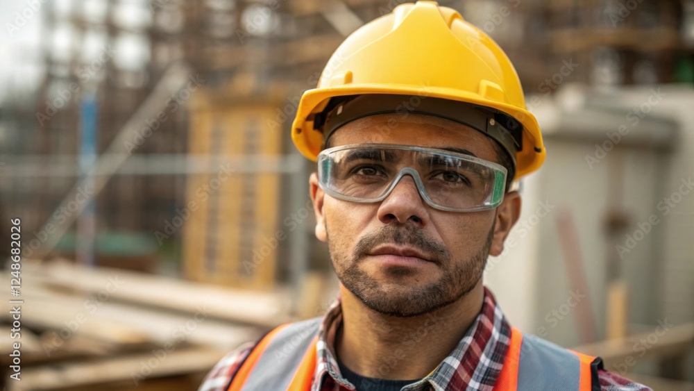 Poster a medium closeup of a construction workers focused face adorned with a hard hat and protective glass