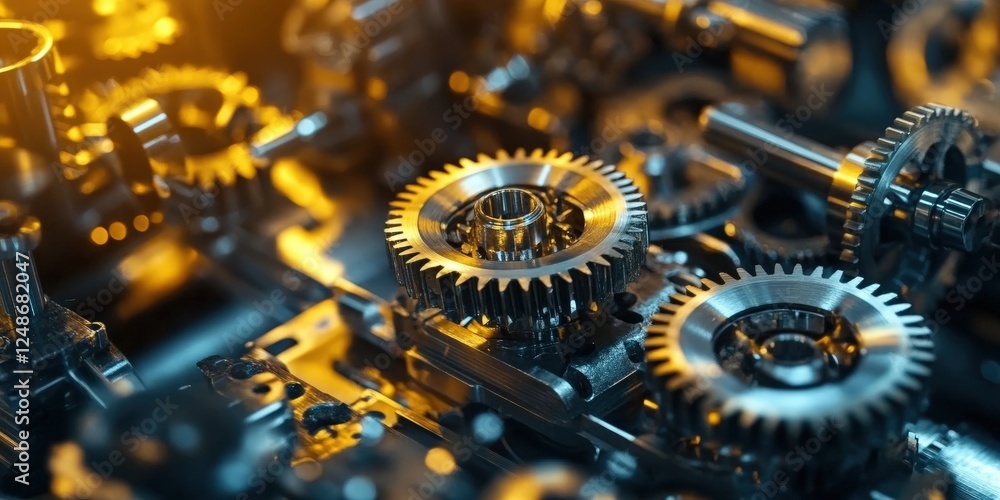 Poster close-up view of intricate gears and cogs in an industrial machine demonstrating mechanical precisio