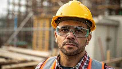 A medium closeup of a construction workers focused face adorned with a hard hat and protective glasses displaying determination and alertness amidst a backdrop of construction