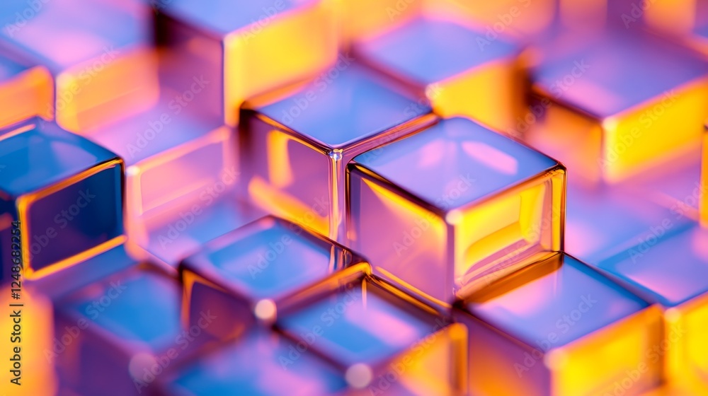 Poster vibrant abstract close-up of translucent glass cubes arranged in a colorful pattern with reflections