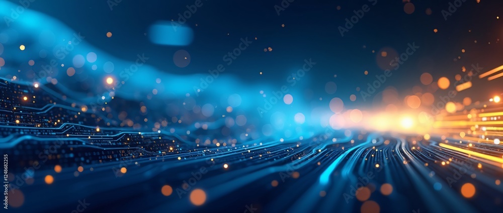 Poster digital technology speed motion blur with blue and yellow light trails. abstract futuristic data str