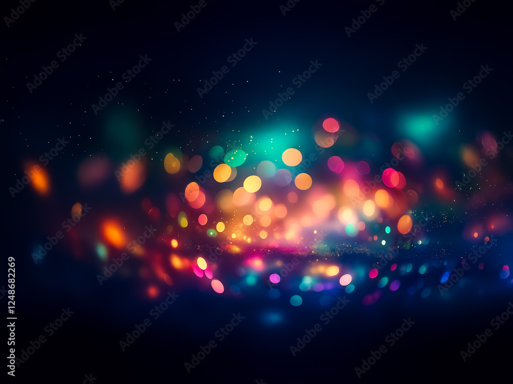 Poster sparkling colorful bokeh lights on a dark background. blurred circles of red, orange, yellow, green,