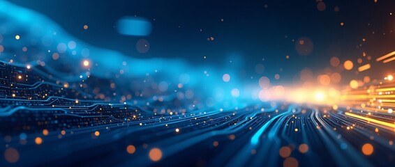 Obraz premium Digital technology speed motion blur with blue and yellow light trails. Abstract futuristic data stream. Digital transformation. Information and cyber technology concept